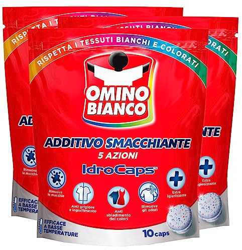 Omino Bianco - Zusatzstoff zur Fleckenentfernung für Waschmaschine, 5 in 1 Hydrocaps, wasserlösliche Kapseln für Wäsche, Fleckenentferner, hygienisch, 3 Packungen x 10 Kapseln