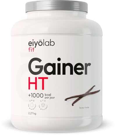 GAINER HT | Proteine Whey + Isolate + Maltodextrine | Gainer Prise de Masse Musculation | 5 Sources de Protéines + 2 Sources de Glucides + MCT | Boisson Shaker Goût Vanille | 2,27kg | Eiyolab