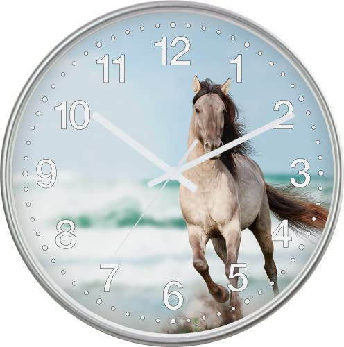 Eurotime Reloj de pared de cuarzo, 30 cm, carcasa de plástico plateado, cubierta de cristal auténtico, esfera transparente de 12 números con diseño de caballo, movimiento silencioso, sin tictac, reloj