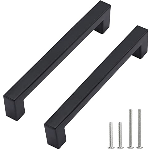 Redunest Cabinet Pulls Matte Black Cabinet Handles Square Drawer Pulls, Stainless Steel Kitchen Door Cupboard Cabinet Handles, Drawer Hardware Handles, 2 Pack 5 Inch (128mm) Hole Centers