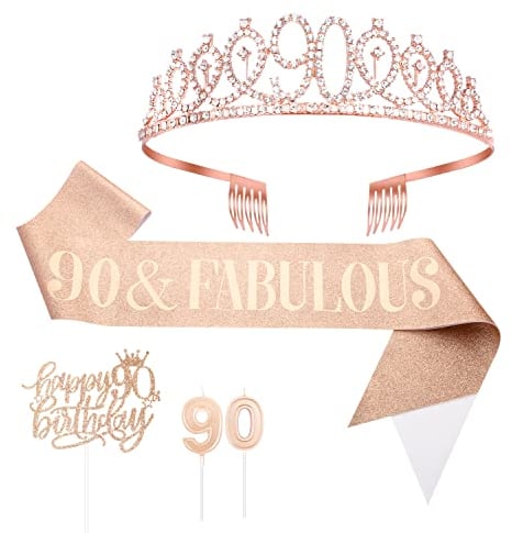 LUTER 5pcs 90th Birthday Crown and Sash Set, Sweet Rhinestone Tiara Queen Sash with Pin Cake Toppers Candles Birthday Decorations for Girls Women (Pink)