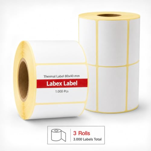 Thermoetiketten 80x40 mm auf Rolle – Produktetiketten Inventaretiketten – 3 Rollen 3000 Etiketten – Thermodirekt ohne Farbband – kompatibel mit Zebra, TSC, Godex – Labex Label