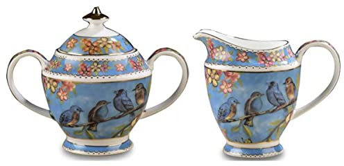 YBK Tech Pot à lait et sucrier en porcelaine anglaise pour déguster du café Motif oiseaux et arbres Bleu