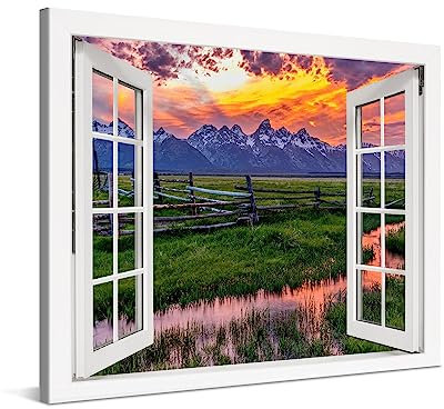PICANOVA – Leinwandbild 100x75cm Felder und Berge Sonnenuntergang Fenster – Leinwanddruck – Wandbild Kunstdruck Auf 2cm Holz-Keilrahmen Für Schlaf- Und Wohnzimmer Wanddekoration – Bild auf Leinwand