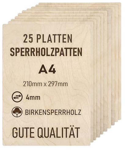 woodmanucom Sperrholzplatte 25x 4mm A4 297mm x 210mm Platten Aus Birkensperrholz Birkensperrholz Dünne Holz Zuschnitte Bastelholz Platte Sperrholz Holzplatte Laser Basteln Modellbau Holz Deko