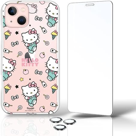 PERSONALAIZER Schutzhülle für iPhone 13 + Hartglas + Kameraobjektivschutz Handyschale für iPhone 13, originelles Design, Schutzhülle aus Silikon (Hello Kitty Patron Stickers)