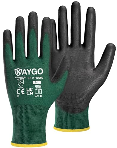 KAYGO 12 pares de guantes de trabajo para hombres y mujeres, guantes de protección recubiertos de PU, agarre antideslizante en palmas y dedos, para trabajos generales (Verde oscuro, talla 9)