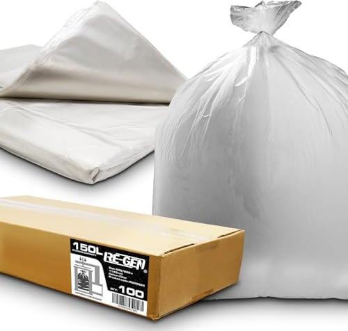 100 Pack | 1 Full Flat Packed Box | RE-GEN 150L 20kg Load Heavy Duty Premium Clear Compactor Sacks Bin Liners Refuse, Factory & Commercial Use, Industrial Strength Transparent Bags 508/889 x 1143mm