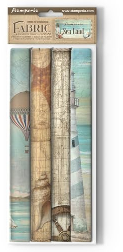 Stamperia - Fabric for Scrapbooking, Albums, Bullet Journals, and More, Polyester, Can be Sewn by Hand or Machine, Suitable for Craft Glue, Perfect for Hobbies, Crafts, and Gifting (Sea Land) (4 Pack)