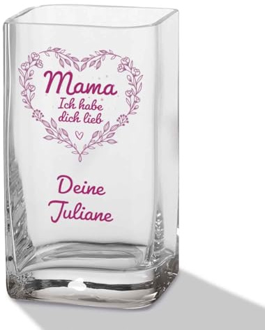 GRAVURZEILE Blumenvase mit UV Druck - Mama (Ich Habe...) - Personalisiert mit Namen - Moderne Vase aus Glas - Personalisierte Geschenke für Frauen - Deko Geschenkidee zum Muttertag - 20x11cm