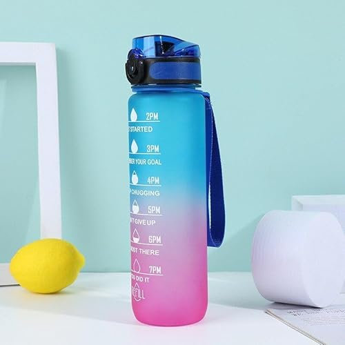Gourde 1l, Tritan,bouteille isotherme, sans BPA,Gourde Motivation avec paille et heure pour boire, Bouteille d'eau pour le camping et randonnée, gourde pour enfants, écol (Blue/Rose)