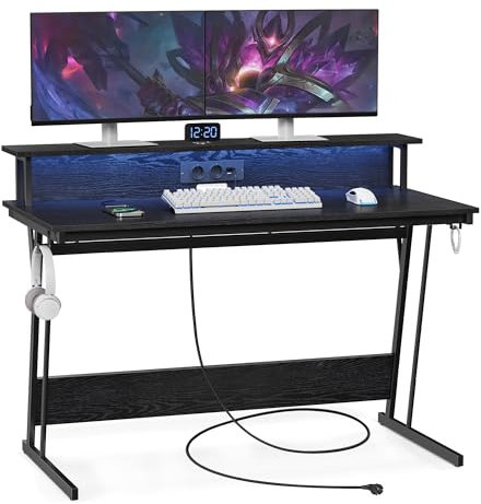 VASAGLE Escritorio para Juegos con Luces LED y Tomas de Corriente Incorporadas, Escritorio con Estante para 2 Monitores, Mesa para Oficina Dormitorio, 55 x 135 x 76 cm, Negro Ébano LWD117B01