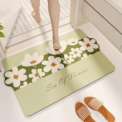 Badezimmerteppich 60X90Cm Hellgrüne Blumen Badteppich rutschfest Waschbar,Duschvorleger Schnelltrocknend,Stein Badematte,Diatomite Stone Bath Mat,Super Absorbierende Badvorleger