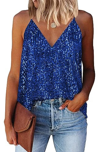 AirMood Frauen Sexy V-Ausschnitt Sparkle Shimmer Tank Westen Pailletten Tops Las Vegas Disco Pailletten Tank, blau, L