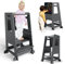 Helangel Tour d'apprentissage Montessori 3-en-1 avec Tableau Noir - Tour de Cuisine Ajustable avec Barre de sécurité, escabeau en Bois Naturel pour Les Enfants de 18+ Mois (capacité de 80kg)