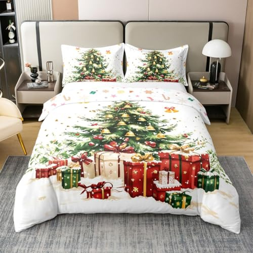 Loussiesd Weihnachten 100% Baumwolle Bettwäsche Set 155x220cm Weihnachtsbaum und Geschenke Bettbezug Set Weihnachtsglocke Betten Set Frohe Weihnachten Atmungsaktiv Bettwäsche-Set Auster Weiß