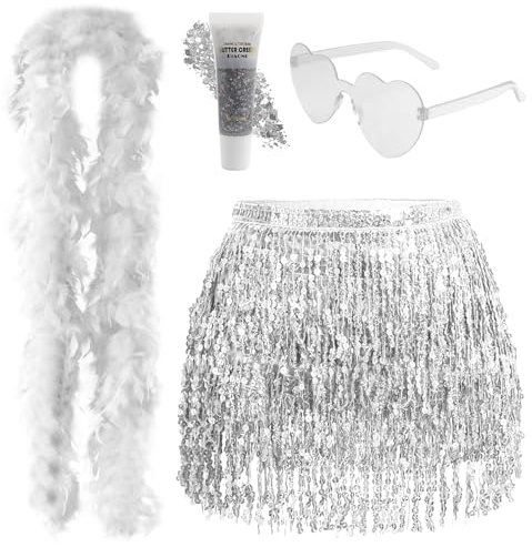 Pailletten Rock Damen,Glitzer Rock,QuastenRock mit Federboa Brille Glitter Gel,Bauchtanz Kostüm,Glitzerrock Rave Outfit Hüfttuch Kostüm für Damen und Mädchen,Karneval Halloween Weihnachten Party