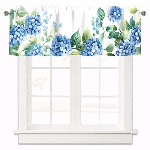 AYTTBIS Blue Hydrangea Curtain Valance for Windows Floral Green Leaves Rod Pocket Window Treatments 1 Panel Short Curtains for Kitchen Windows Bathroom Bedroom,42 x 12 Inch