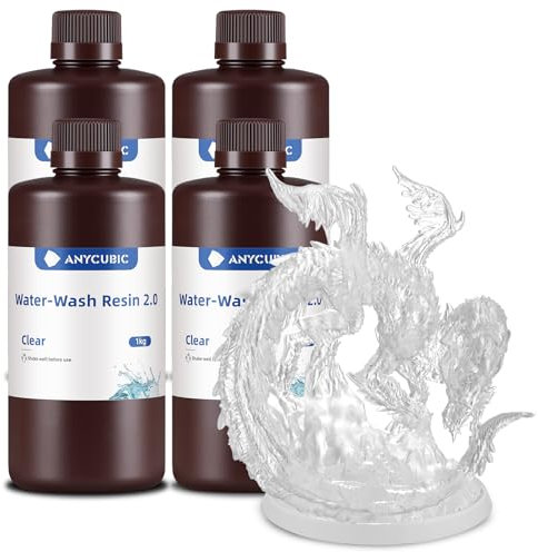 ANYCUBIC Water Washable 2.0 3D Printer Resin, 405nm High Precision and Anti-Yellowing 3D Resin, High Resilience, Easy Post-processing Photopolymer Resin for LCD/DLP Printers(Clear, 4000g)