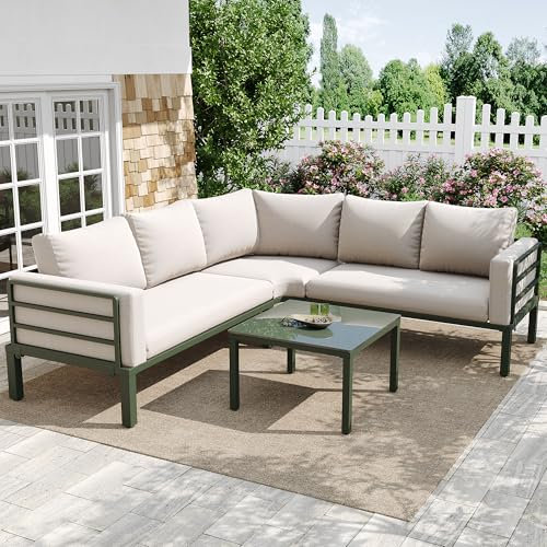 Merax Gartenmöbel Set 4-Personen, Sitzgruppe Gartenlounge mit Kissen & Tisch, Outdoor Ecksofa-Set aus verzinktem Eisen, Tischplatte aus Glas, Möbel wetterfest für Garten Balkon Terrasse, Grün & Beige