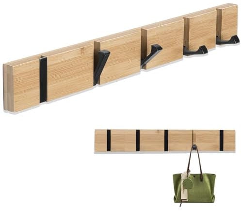 EHIOG Flip 5-Hook Wall Mounted Coat Rack, Wooden Modern Flip Down for Hanging Hats, Sleek, Wood Heavy Duty Entryway Wall Hangers for Hanging Towels, Clothes, Bags, Scarfs, Natural, Natur