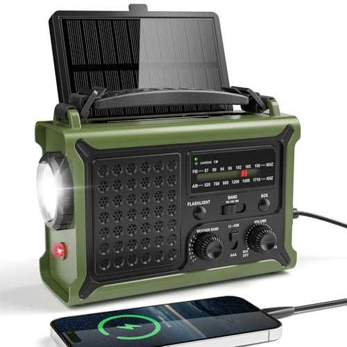 Mesqool Portable Wind up Radio, 5-Way Powered AM/FM Emergency Radio with 12000mAh Battery, Solar & Hand Crank Charging, IPX6 Water-Resistant, SOS Alarm, 5W Flashlight for Camping, Hiking, Green