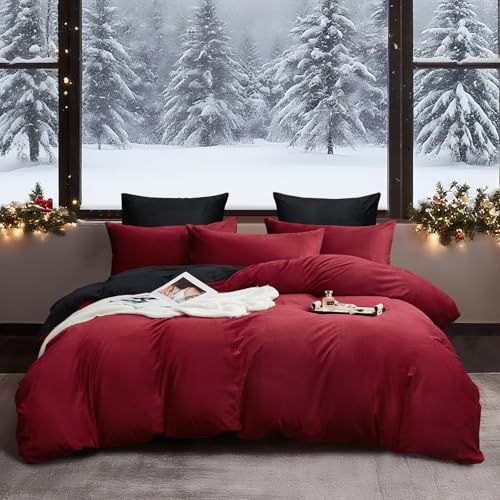 YASMENG Winter Bettwäsche 155x220 Weinrot Schwarz Warm Kuschelig Flauschige Bettwäsche Winter Weich Samt Plüsch Fleece Flanell Wendebettwäsche 3 Teilig mit Reißverschluss und 2 Kissenbezüge 80x80 cm