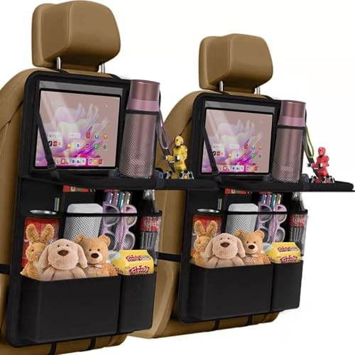 KENPOJO 2 Stück Auto Organizer Kinder, Große Autositz Organizer Wasserdichter mit Klapptisch, Oxford Rückenlehnenschutz Auto Kinder 18 Taschen mit Touchscreen-Tabletfach, Passt in Meisten Fahrzeuge