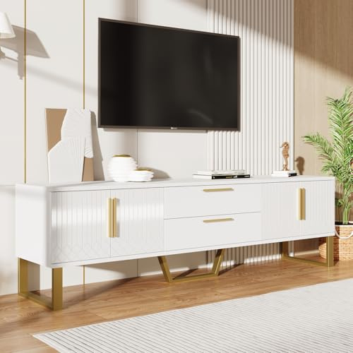 OLIVIBED TV Tisch mit 4 Türen, Fernsehtisch mit Goldene Griffe und Füße, Hochglanz TV Schrank für Fernseher bis zu 75 Zoll, TV Board mit 2 Schubladen, für Wohnzimmer, Weiß, 170x40x53cm