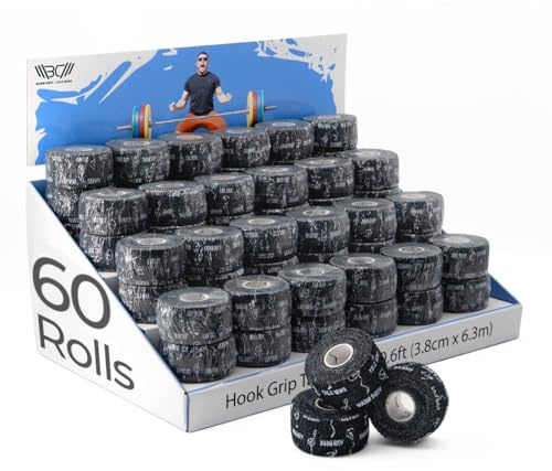 WARM BODY COLD MIND 4,7cm Hook Grip Tape für Gewichtheben - Weightlifting Tape für Crossfit, Krafttraining, Sporttape, Baumwolle Thumb Tape, Daumen Tapen (60 Rollen Schwarz)