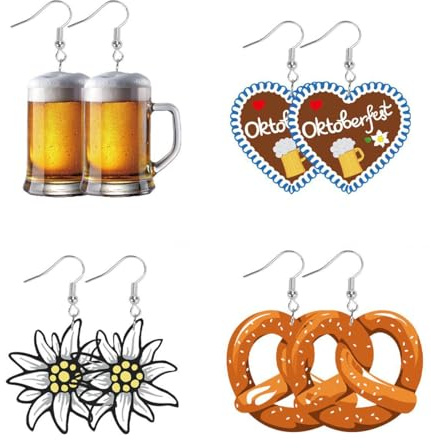 Gaodercha 4 Pairs Oktoberfest Earrings Beer Dangle Earrings Funny Pretzels Beer Mug Gingerbread Earrings Acrylic Gingerbread Hearts Drop Earrings for Women Festival Party Decoration
