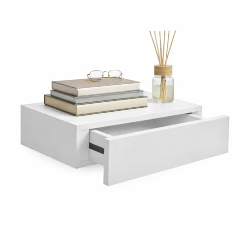 MA MAISON Mensola a Parete con Cassetto Integrato - in Legno, Sospeso, Design Moderno, Versatile, Salvaspazio, per Soggiorno, Ingresso, Camera da letto, Portata 5Kg - 40X24X10h CM (Bianco)