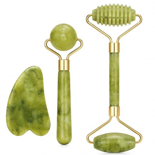 Set Gua Sha et Rouleau de Jade 3 pièces, Pierre de Massage Visage en Quartz Naturel, Outil de Lifting Anti-âge et Lissage des Rides pour le Visage et le Cou