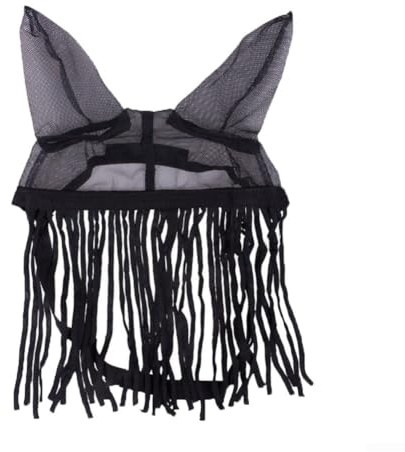 Maschera anti-mosche per cavalli con frange, traspirante, in poliestere, regolabile, per pascolo e stalla, facile da pulire, nero, 3 taglie disponibili (L)