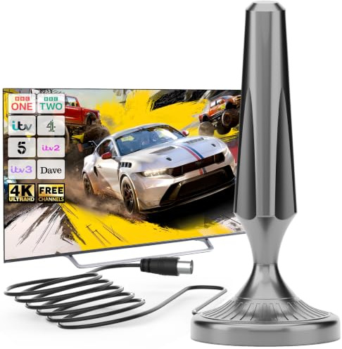 Indoor TV Aerial for Smart TV with Magnetic Base, Digital TV Aerial Indoor Compatible with All Televisions, 360° Signal Reception, Supports 4K 1080P, Compact TV Antenna Indoor, 5m Coaxial Cable