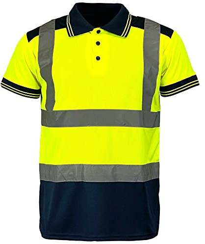 MyShoeStore Hi Viz Vis High Visibility Polo Shirt Reflective Tape Safety Security Work Button T-Shirt Breathable Lightweight Double Tape Workwear Top