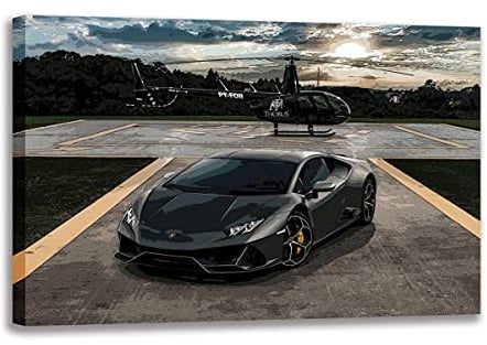 Annick Goutal Moderne Malerei Lamborghini Huracan Schwarzer Supersportwagen Und Hubschrauber Wandkunst Sportwagen Poster Leinwanddruck Für Schlafzimmer Hauptzimmer Dekor (1,60_x_90_cm(ohne Rahmen))