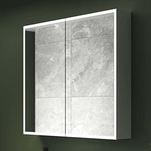 Illuminated Bathroom Mirror Cabinets with Lights 815x700mm IP44 Rated - Marcel LED Bathroom Cabinet with Shaver Socket, Concealed Demister Pad, & Motion Sensor, Wall Vanity Mirrors for Bathrooms