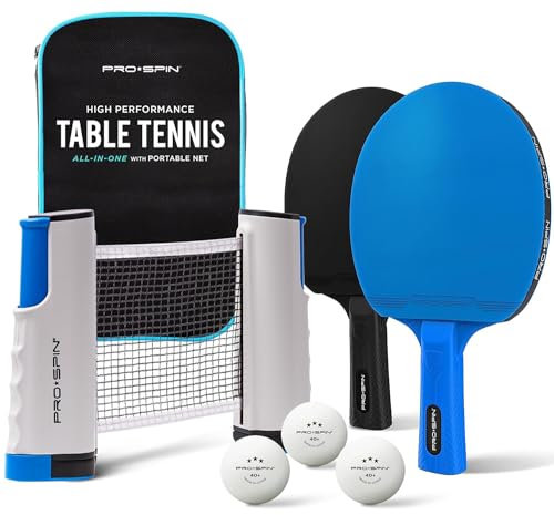 PRO SPIN All-in-One Portable Ping Pong Paddle Set | Ultra-Comfort Bats | Table Tennis Set | Retractable Ping Pong Net (Up to 72 Wide) | 3-Star Balls | Storage Case | Game Table | Gift