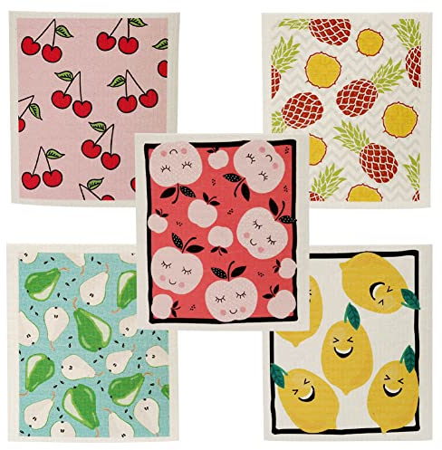 KABAKE Reusable Swedish Dishcloths, Pack of 5 Cellulose Sponge Cloths, Eco-Friendly Absorbent Reusable Dish Cloth, Kitchen Eco-Friendly Odorless Cleaning Cloth (Fruits)