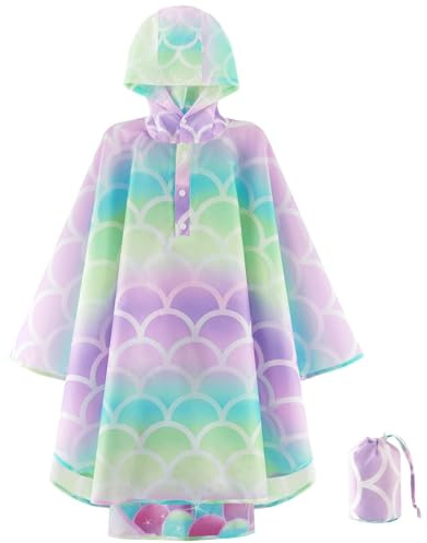 WAWSAM Kids Poncho Waterproof - Mermaid Rain Poncho for Girls - Lightweight Hooded Raincoat with Storage Bag - Portable Rainwear for School & Travel