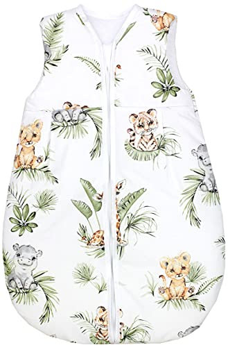 TupTam Schlafsack Baby – Wärmender Ganzjahresschlafsack 2.5 TOG, OEKO-TEX, Ärmellos, Farbe: Safari/Löwe/Braun/Blätter/Grün, Größe: 68-74