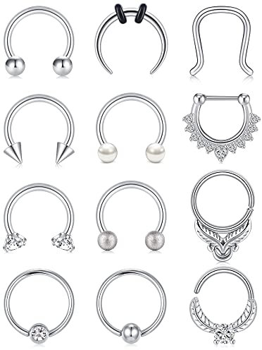 Zolure 16G Surgical Steel Septum Ring Septum Piercing Jewellery Clicker Horseshoe Nose Hoop Rings Eyebrow Lip Earring Tragus Helix Cartilage Daith Conch Body Piercing Jewellery 8-10 mm