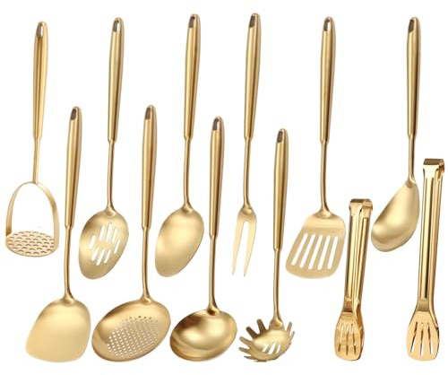 Goldfarbenes Küchenutensilien-Set, 12-teilig, Messing, matt, Servierutensilien, 18/10 Edelstahl, alle Metall-Kochwerkzeuge – Kartoffelstampfer, Zange, Fleischgabel, Spatel, Pfannenwender, Schöpflöffel
