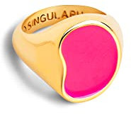 SINGULARU - Bague Signet Bean Neon Pink Enamel. En Laiton avec Finition Plaqué Or 18Kt et Rose Fuchsia. Taille 10