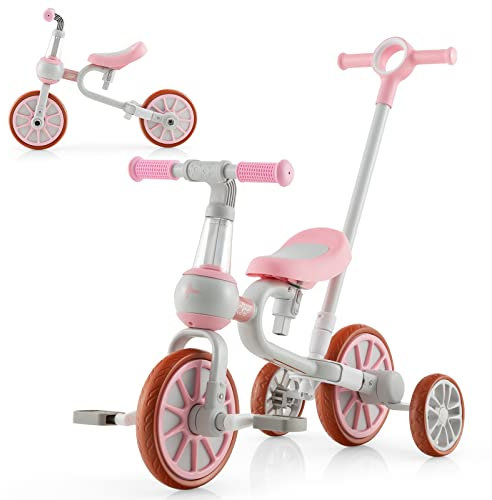 COSTWAY 5 en 1 Tricycle Bébé Evolutif avec Putter Parentale, Draisienne Vélo Bébé avec Siège Réglable, Guidon Réversible, Vélo d’équilibre pour Tout-Petits de 2 à 4 Ans (Rose)