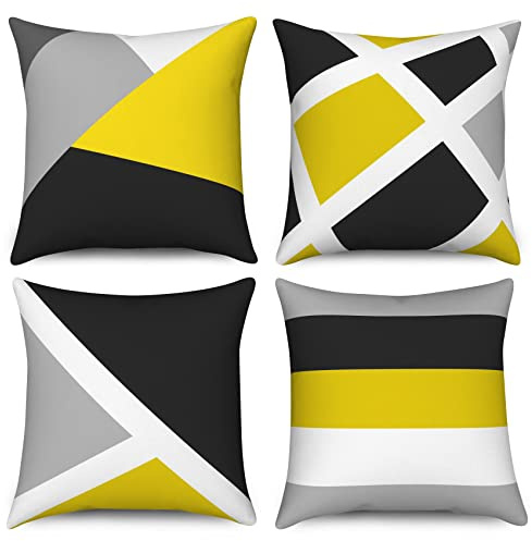 Hnmdmyi Kissenbezug Gelb 40x40 4er Set, Grau und Schwarz Modern Abstrakt Streifen Einfach Geometrisch Dekorative Kissenbezüge Leinen Kissenhülle für Sofa Couch Bett Garten Outdoor Home Decor