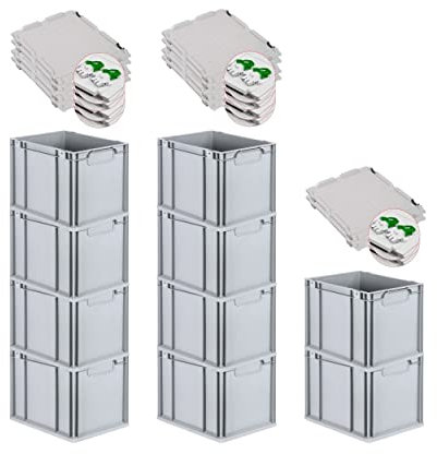 PROREGAL SuperSparSet 10x Eurobox NextGen Economy mit Scharnierdeckel & grünen Verschlüssen | Griffe geschlossen | HxBxT 32x30x40cm | 30 Liter | Eurobehälter Transportbox Transportbehälter