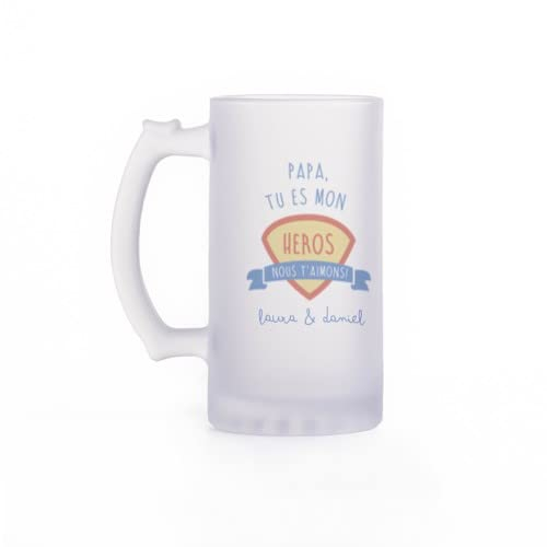Wanapix | Chope à Bière Personnalisable | Verre Personnalisé Fêtè des Pères | Personnalisable avec du Texte | Cadeau Anniversaire pour Papa | 500 ml | Verre Opaque | Papa, tu es mon héros