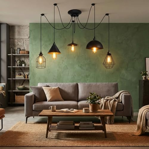 5-armige DIY-Spider-Pendelleuchte, 5-flammige E27-Vintage-Industrie-Deckenleuchten, Metallschirme, Retro-Hängeleuchter, höhenverstellbares 2-m-Kabel, Wohnzimmer, Esszimmer (SPIDER 1, Ohne Glühbirne)